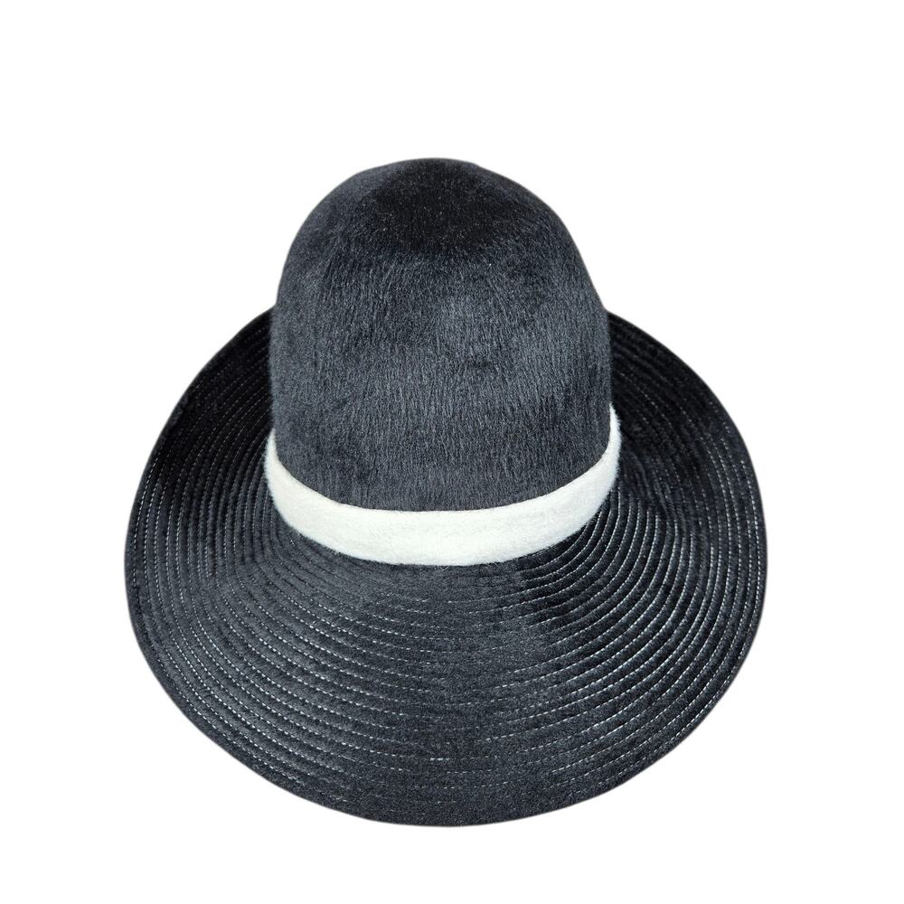 Vintage Jami Hat Wide‎ Brim Fitted Womens Medium Black White Fuzzy 90s Elegant